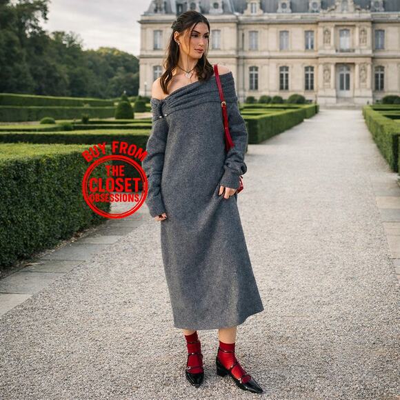 ZARA Off-the-Shoulder Knit Midi Dress NWT Gray Size S and M - Picture 2 of 16